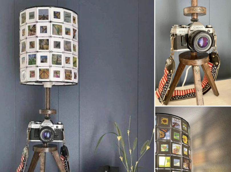 old film camera upcycled as a table lamp with 35mm lamp shade